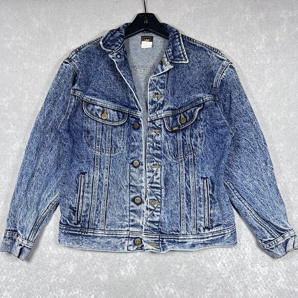 Vintage Lee Jacket Womens Large Blue Denim Distressed Trucker Rider Work 90s - Picture 1 of 12